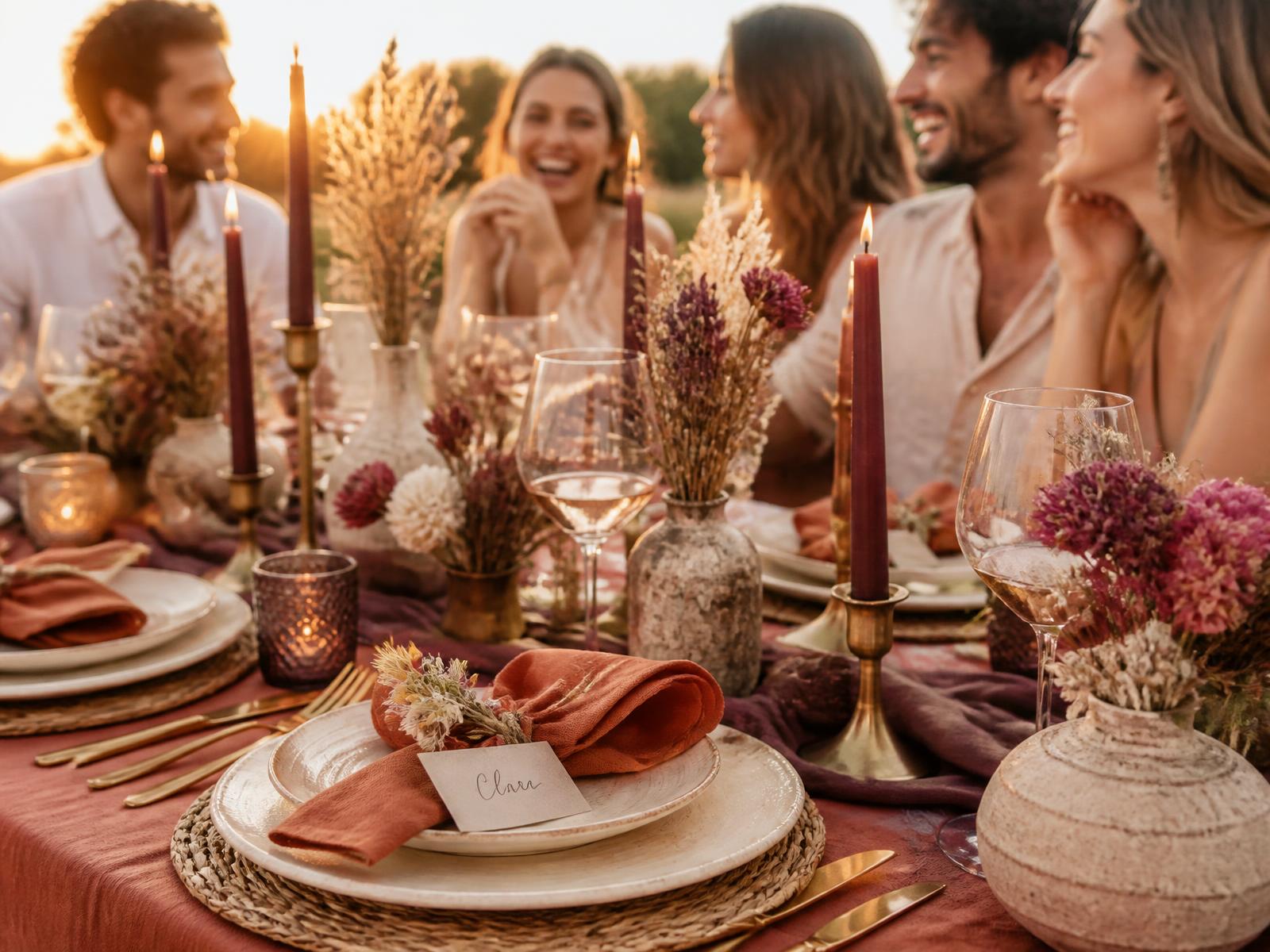 Mesa decorada al atardecer con invitados celebrando en un evento al aire libre
